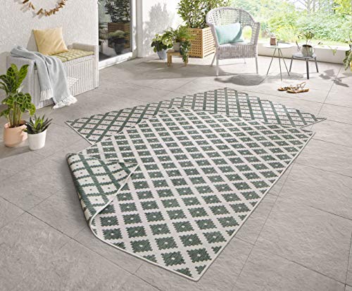 NORTHRUGS In- und Outdoor Teppich Nizza 120x170cm - Wendeteppich Wetterfest Modernes Geometrisches Muster für Balkon Terrasse Garten Wintergarten Küche Wohnzimmerteppich Wasserfest in Grün Creme von Hanse Home