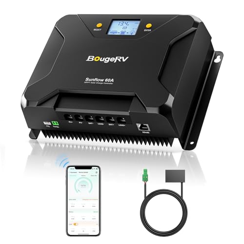 BougeRV 60A MPPT Solarladeregler 12V/24V mit Abschaltung bei niedriger Temperatur, APP-Steuerung (integriertes Bluetooth), LCD Anzeige, Ladereglerzubehör für LiFePO4 SLD Gel FLD AGM Lithium Batterie von BougeRV