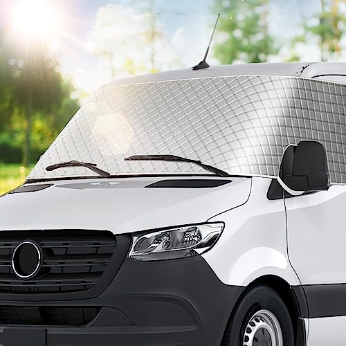 BougeRV Wohnmobil-Windschutzscheiben-Schneeabdeckung für Dodge Mercedes Sprinter (2006–2015) für Frontscheibe, Sonnenschutz, Zubehör mit Spiegelausschnitten, Silber von BougeRV