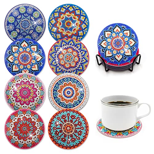 Bougimal 5D Diamond Painting Untersetzer, Satz von 8 Kork Basis Untersetzer für Tasse Vase Mit Stand, DIY Diamant Kunst Malerei Mandala, Geeignet für Erwachsene und Anfänger, Rund von Bougimal