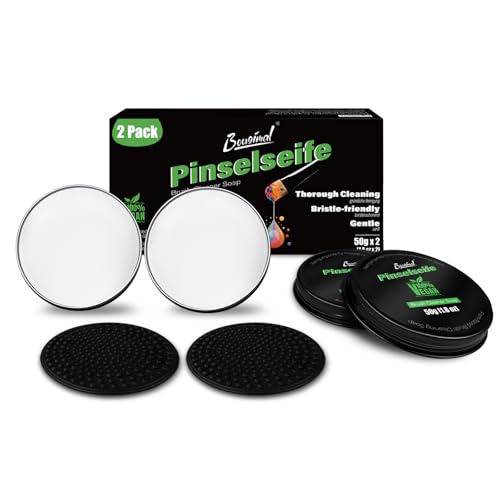 Bougimal Pinselseife Acrylpinsel (50gx2), Wasserbasierter Pinselreiniger Acrylfarbe mit Sanftes Pinselreinigungskissen, Geruchlos(weiß), Universal für alle Acrylfarben und Aquarellfarbe von Bougimal