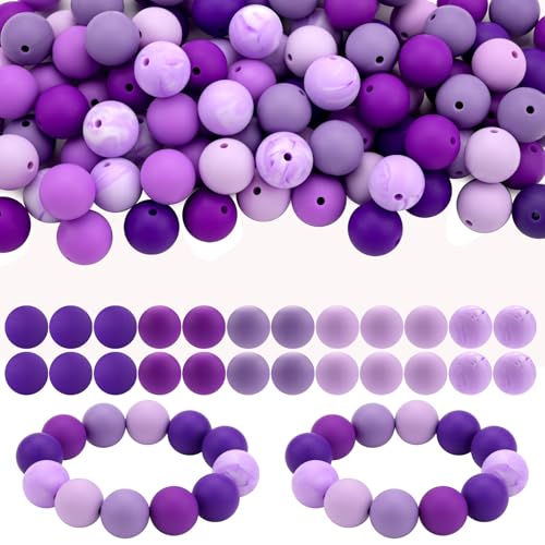 Bouiexye 100 Stück 15 mm Silikonperlen zur Armbandherstellung Lila Serie Silikonperlen Runde Perlen zur Herstellung von Schlüsselanhängern DIY Bastelarbeiten Armbändern Perlenstiften Perlenstift von Bouiexye