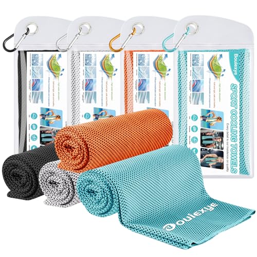 Bouiexye 4 Stück Kühlendes Handtuch 100 x 30 cm Kühltuch Seeblau Grau Schwarz orangefarben Kühlhandtuch Mikrofaser Handtuch Sofortige Cooling Towel für Sport Fitness Yoga Reise Laufen von Bouiexye