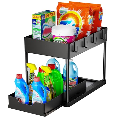 2 Ebenen Spülschrank Organizer mit Edelstahlrohr, Ausziehbare Schubladen & 4 Haken, Vielseitiges Unter Waschbecken Regal für Küche, Bad & Tischplatte, Schwarz von Bouncy