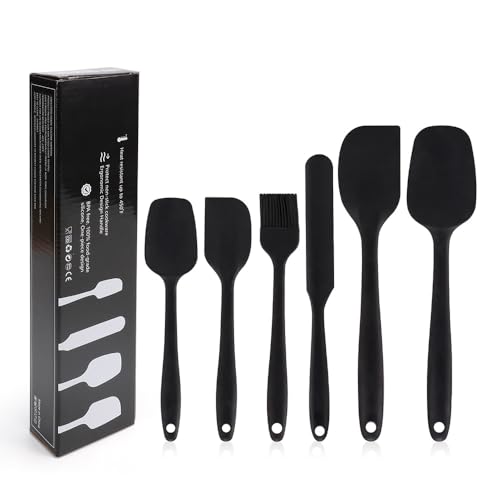 Hoch hitzebeständiges Silikon Spatel Set, BPA freie Küchenutensilien, Starker Edelstahlkern, Antihaft & Spülmaschinenfest, Perfekt zum Kochen und Backen, 6er Set (Schwarz) von Bouncy