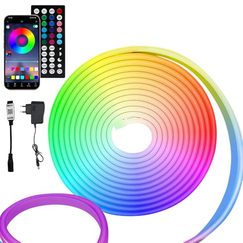 Neon LED-Streifen, 5 m, RGB IP6, Neon Rope Light, wasserdicht, flexibel, kompatibel mit Bluetooth, 24 V, dimmbar, Lichterkette für den Außenbereich mit Fernbedienung aus Silikon von Bouncy