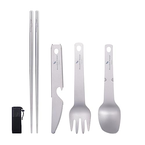 Boundless Voyage Titanium Camping-Utensilenset 4-teiliges Titan Essstäbchen Löffel-Gabelmesser-Kombi, Besteckset und Reisebesteck von Boundless Voyage