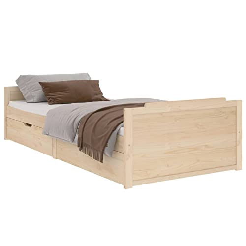 Bounv Massivholzbett mit 2 Schubladen Einzelbett Bettrahmen Lattenrost Bettgestell Bett Kinderbett Jugendbett Seniorenbett Kiefer 90x200 cm, Holzfarben von Bounv