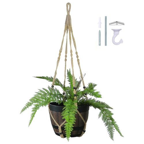 Bouqlife Makramee-Pflanzenaufhänger, 109 cm, groß für bis zu 30,5 cm große Töpfe, extra langer hängender Pflanzenhalter, keine Quasten, Juteseil, Hängepflanzkorb für drinnen und draußen, Boho-Dekor, von Bouqlife
