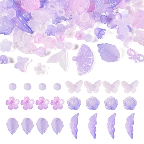 Boutigem 100 g lila Acrylperlen aus Kunststoff, verschiedene Perlen, Schmetterlings-/Blumen-Blatt-Form, Gelee-Imitations-Acrylperlen für Schmuckherstellung, DIY Handwerk von Boutigem