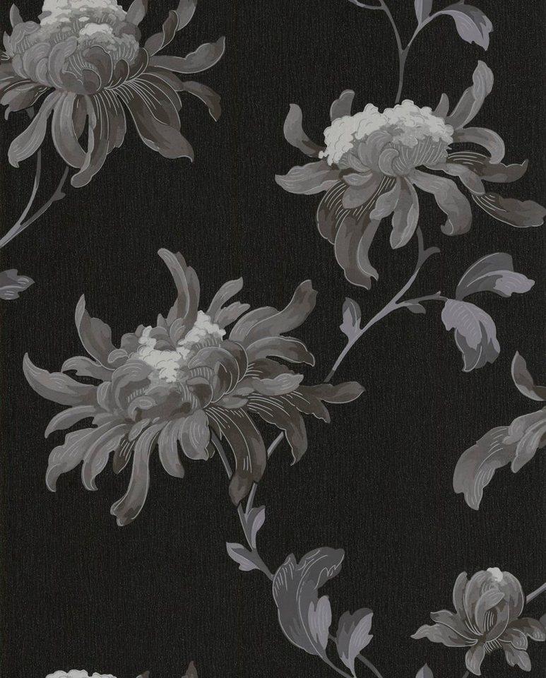 Boutique Vliestapete Blumen, (1 St), Schwarz / Silber - 10m x 52cm von Boutique