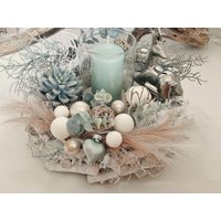 Tischkranz Wurzelholz Mit Windlicht Und Hirsch in Weiß Mint Silber Tischkranz Wurzelholz Mit Windlicht Und Hirsch in Weiß Mint Silber von BoutiqueBellezar