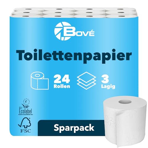 BOVE Toilettenpapier 3-lagig 24 Rollen - 250 Blatt pro Rolle - Extra Weich, Stark & Saugstark - FSC & EU Ecolabel Zertifiziert - Preis-Leistungs-Knaller von Bove