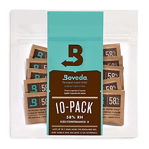 Boveda zur Aufbewahrung von Kräutern | 2-Wege-Feuchtigkeitsregulierung mit 58% relativer Feuchtigkeit | Größe 8 schützt bis zu 30 g Blüten | wiederverschließbare Verpackung mit 10 Stück von Boveda