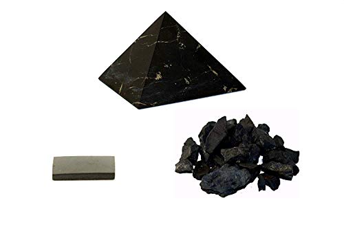 Boviswert Schungit Pyramide 5cm, unpoliert + 200g Wassersteine Shungite + Handyplättchen, MIT Zertifikat!!! von Boviswert