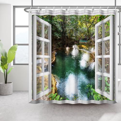 Bovlleetd 152x183cm 3D Fluss Duschvorhang Polyester Außen Fenster Ansicht Badezimmer Vorhang Frühling Natürliche Landschaft Duschvorhänge Wasserdicht Badewanne Vorhang von Bovlleetd