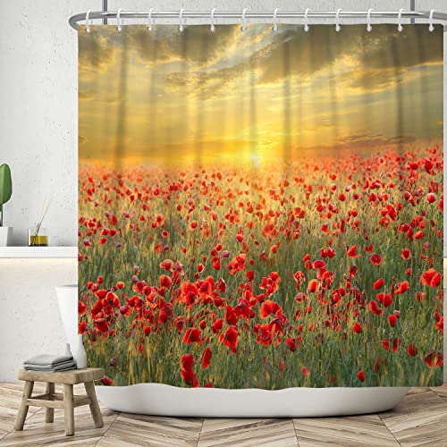 Bovlleetd 152x183cm Blume Duschvorhang Herbst Sonnenuntergang Romantischer Garten Badezimmer Vorhang 3D Rote Blume Druck Duschvorhang Wasserdicht Botanischer Badewannenvorhang von Bovlleetd