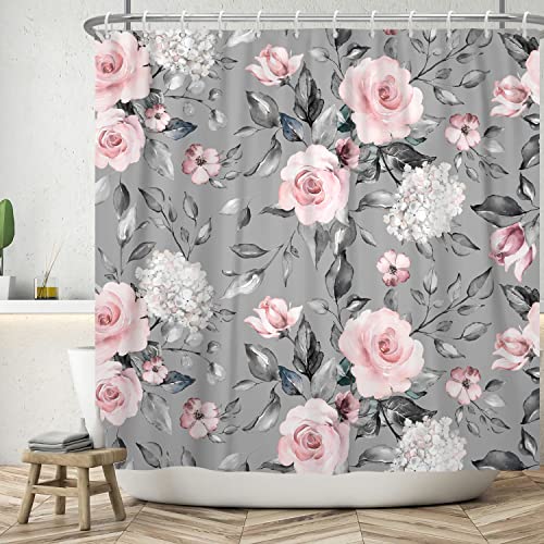 Bovlleetd 152x183cm Blumen Duschvorhang Rosa Aquarell Rose Hortensie Duschvorhänge Botanischer Grauer Badezimmervorhang Wasserdichter Badewannenvorhang mit Haken für die Badezimmerdekoration von Bovlleetd