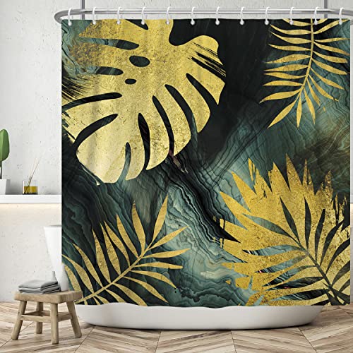 Bovlleetd 152x183cm Gold Monstera Leaf Duschvorhang Abstrakte Kunst Badezimmer Vorhang Bohemian Mid-Century Duschvorhänge Rosa Grau Pflanze Blätter Duschvorhänge für Bad Dekor von Bovlleetd