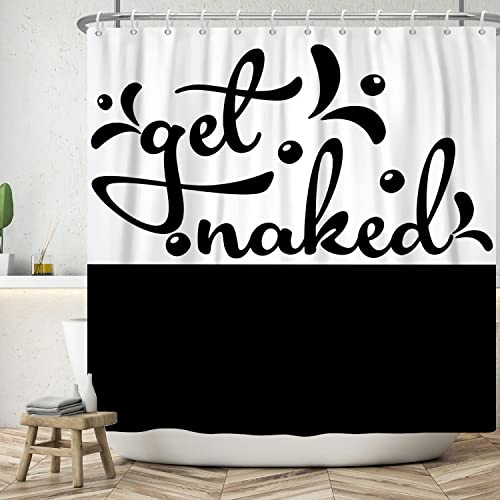 Bovlleetd 152x183cm Schwarz-Weiß-Duschvorhang Get Naked Cute Duschvorhänge Wasserdichter Badewannenvorhang Einfacher dekorativer Badezimmervorhang mit Haken von Bovlleetd