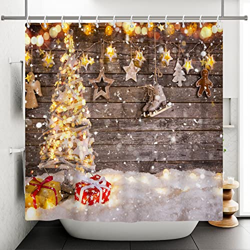Bovlleetd 152x183cm Weihnachten Duschvorhang Weiß Weihnachtsbaum Schnee Badezimmer Vorhang Vintage Holz Stern Licht Duschvorhänge Wasserdicht Badewanne Vorhang von Bovlleetd