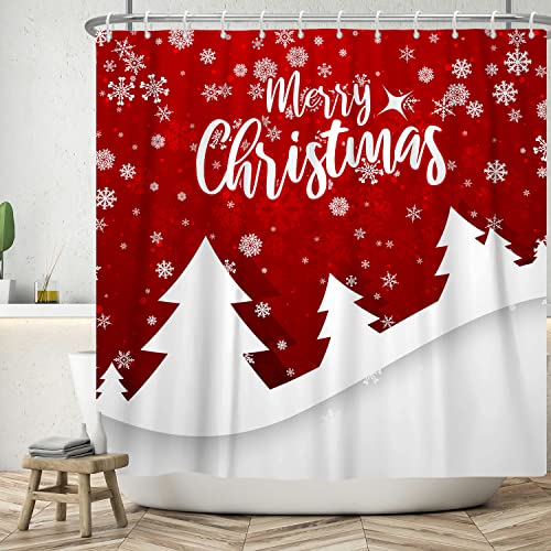Bovlleetd 180x180cm Frohe Weihnachten Duschvorhang Rote Schneeflocke Hintergrund Weiße Kiefer Silhouette Duschvorhänge Fallender Schnee Wasserdichter Badewannenvorhang von Bovlleetd