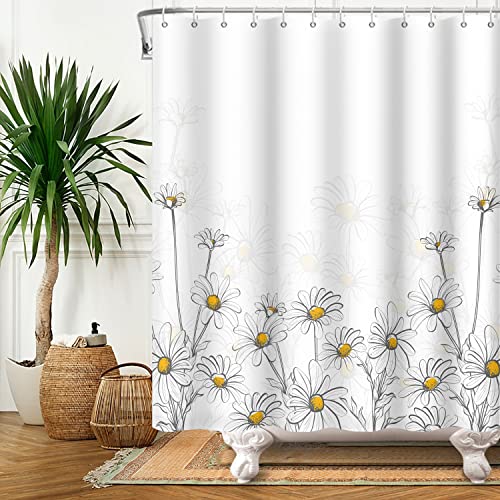 Bovlleetd 180x180cm Gänseblümchen Duschvorhang, Schwarz Weiß Blumen Aquarell Pflanze Gelb Gänseblümchen Bad Vorhang Wasserdicht Badewanne Vorhang Frühling Scenic Duschvorhänge von Bovlleetd
