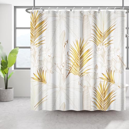 Bovlleetd 180x180cm Gold Pflanze Duschvorhang Lotus Palm Leaf Badezimmer Vorhang Einfache Bananenblatt Duschvorhänge Wasserdicht Badewanne Vorhang Kunst Badezimmer Dekorative Vorhang mit Haken von Bovlleetd