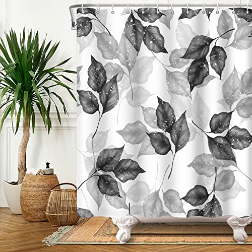 Bovlleetd 180x180cm Schwarz Weiß Blätter Duschvorhang Natürliche Pflanze Tinte Malerei Blätter Bad Vorhang Weiß Grau Blatt Wasserdicht Duschvorhang Polyester Badewanne Vorhang von Bovlleetd
