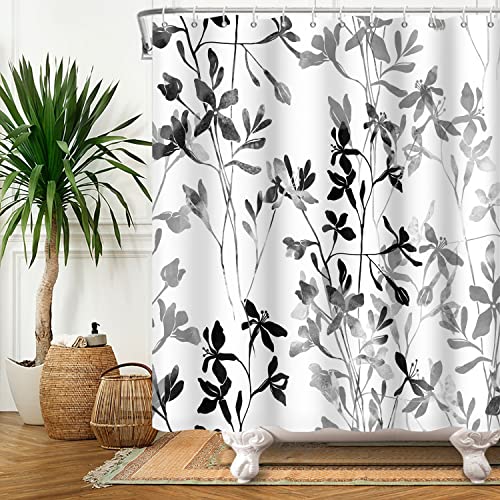 Bovlleetd 180x180cm Schwarz Weiß Blume Duschvorhang Tinte Drucken Pflanze Einfache Badezimmer Vorhang mit Haken Wasserdicht Badewanne Kunst Dekorative Vorhang Polyester von Bovlleetd