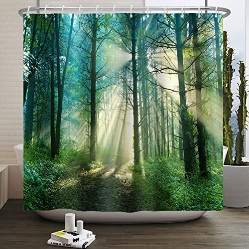 Bovlleetd 180x180cm Wald Duschvorhang Natur Morgen Wald Badezimmer Vorhang Frühling Tropischer Regenwald Wald Duschvorhänge Wasserdicht Badewanne Vorhang mit Haken von Bovlleetd