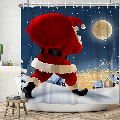 Bovlleetd 180x180cm Weihnachtsmann Duschvorhang Frohe Weihnachten Duschvorhang Vollmond Sterne Weihnachtsmann liefert Geschenke Badezimmer Kunstvorhang Wasserdichter Badewannenvorhang mit Haken von Bovlleetd
