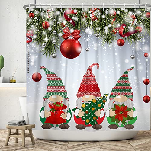 Bovlleetd 180x180cm Weihnachtszwerg Duschvorhang Lebensechter Weihnachtsbaum Zweige Rote Glocken Badezimmervorhang Weißer Hintergrund Schneit Duschvorhänge Wasserdichter Wannenvorhang von Bovlleetd