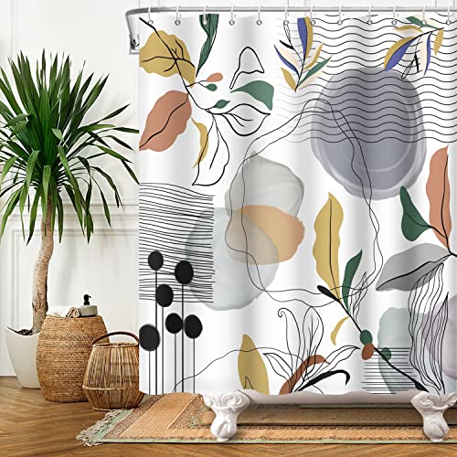 Bovlleetd 180x200cm Abstrakter Duschvorhang Boho Mid-Century Tropical Plant Bath Curtain Aquarell Pflanze Blatt Linie Wasserdicht Duschvorhänge Waschbar Badewanne Vorhang Polyester von Bovlleetd