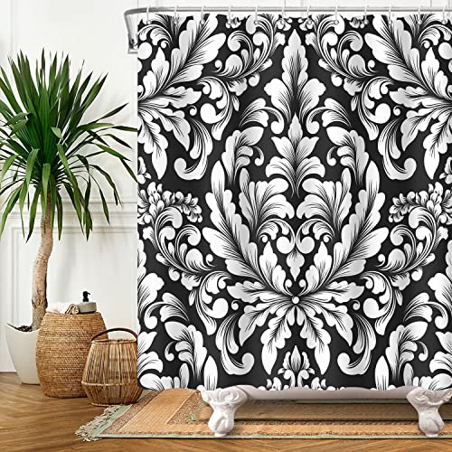 Bovlleetd 180x200cm Bohemian Flower Duschvorhang Schwarz Weiß Blumen Skizze Kunst Bad Vorhang Polyester Waschbar Dusche Vorhänge Wasserdicht Badewanne Vorhang von Bovlleetd