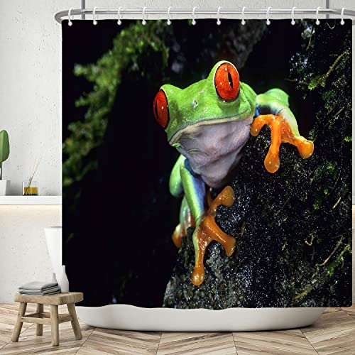 Bovlleetd 180x200cm Frosch Duschvorhang Rote Augen Grüner Frosch Badezimmer Dekorativer Vorhang 3D Amphibiendruck Duschvorhänge Wasserdichter Wannenvorhang mit Haken für die Badezimmerdekoration von Bovlleetd