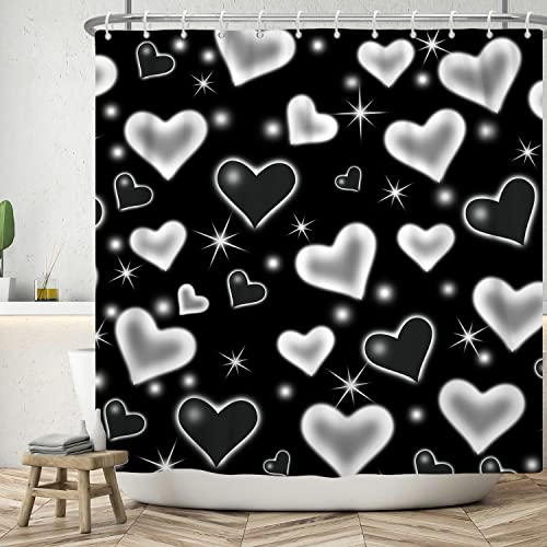 Bovlleetd 180x200cm Herz Duschvorhang Schwarz und Weiß Liebesherz Wasserdicht Duschvorhänge Starlight Sparkling Badezimmer Dekovorhang Einfacher Badewannenvorhang mit Haken von Bovlleetd