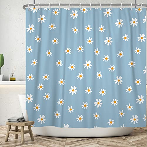 Bovlleetd 180x200cm Kleines Gänseblümchen Duschvorhang Weißer Blumen-Blauer Hintergrund Duschvorhänge Einfacher eleganter Badezimmer-dekorativer Vorhang Wasserdichter Badewannenvorhang von Bovlleetd