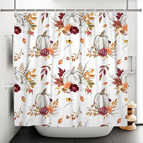 Bovlleetd 180x200cm Kürbis Blume Duschvorhang Bunte Pflanze Blumen Duschvorhang Herbst Ernte Schwarz und Weiß Kürbis Badezimmer Dekoration Wasserdichter Badewannenvorhang von Bovlleetd