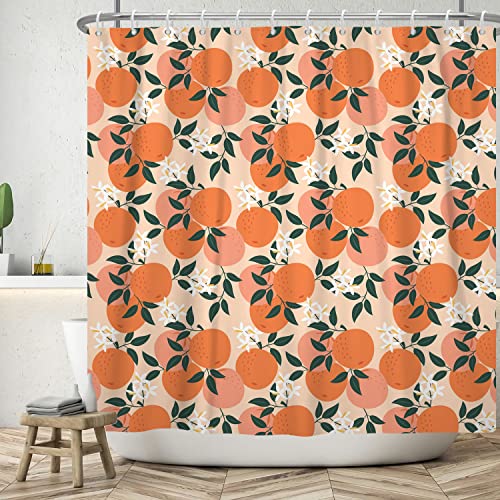 Bovlleetd 180x200cm Orangen Duschvorhang Orange Frucht Apfel Duschvorhang Weiß Orange Blume Blumen Badezimmervorhang Wasserdichter Badewannenvorhang mit Haken von Bovlleetd