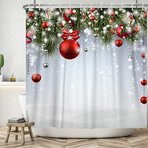 Bovlleetd 180x200cm Weihnachtsduschvorhang Rot Silber Glocken Weihnachtszweig Duschvorh盲nge Weihnachtsthemen Badezimmerdekoration 3D-Druck Badewannenvorhang von Bovlleetd