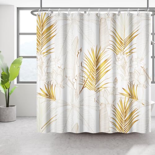 Bovlleetd 183x183cm Gold Pflanze Duschvorhang Lotus Palm Leaf Badezimmer Vorhang Einfache Bananenblatt Duschvorhänge Wasserdicht Badewanne Vorhang Kunst Badezimmer Dekorative Vorhang mit Haken von Bovlleetd