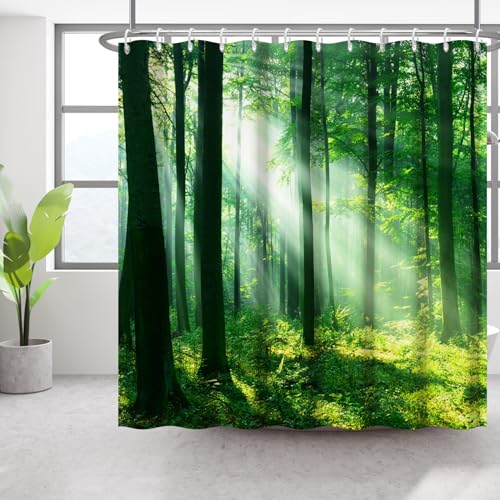 Bovlleetd 183x188cm Wald Duschvorhang Morgen Wald Sonnenlicht Badezimmer Vorhang 3D Druck Waldlandschaft Natürlicher Duschvorhang Grün Waldland Wasserdicht Bad Vorhang von Bovlleetd