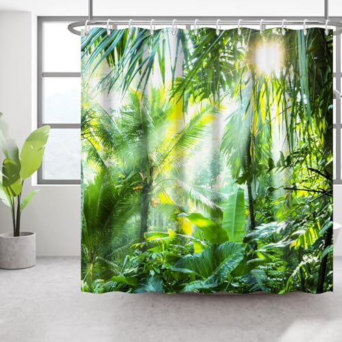 Bovlleetd 183x198cm Tropischer Botanischer Duschvorhang 3D Sommerszene Bananenbaum Badezimmervorhang Palme Warmer Sonnenschein Duschvorhang Grüne Regenwaldpflanze Wasserdichter Badewannenvorhang von Bovlleetd