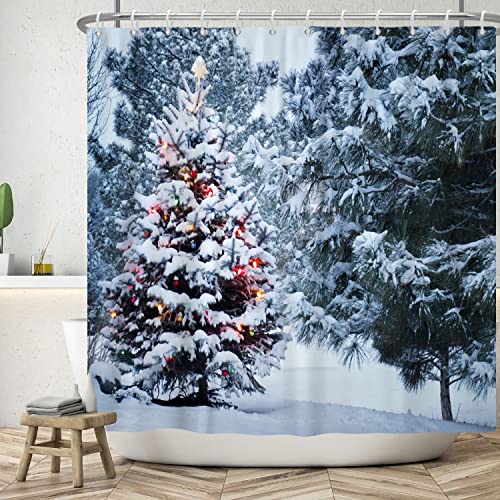 Bovlleetd 183x198cm Winter Schnee Duschvorhang Hängende Laterne Weihnachtsbaum Badezimmervorhang 3D Kiefernwald Duschvorhang Wasserdichter Badevorhang mit Haken für Badezimmerdekoration von Bovlleetd