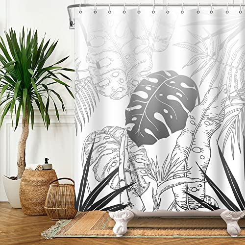 Bovlleetd 183x213cm Schwarz Weiß Duschvorhang Monstera Palm Leaf Tropischer Regenwald Pflanze Bad Vorhang Wasserdicht Polyester Badezimmer Dekor Abstrakt Tropisch Botanisch Duschvorhänge von Bovlleetd