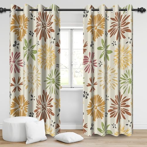 Bovlleetd Abstrakte Blumen Verdunkelungsvorhänge, Retro Gelbe Chrysantheme Blumen Fenster Vorhänge 3D Druck Polyester Thermisch Isolierte Vorhänge für Home Wohnzimmer, 2 Panels 140x245cm von Bovlleetd