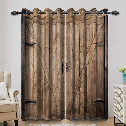 Bovlleetd Bauernhaus Holz Blackout Vorhänge Vintage braun Scheunentor Fenster Behandlung rustikalen Raum Verdunkelung Vorhänge für Schlafzimmer Wohnzimmer 140x225cm (Breite x Länge) Satz 2 Paneele von Bovlleetd