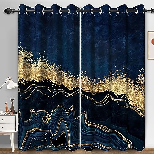 Bovlleetd Blaue Marmor-Fenstervorhänge für Schlafzimmer Goldene abstrakte Vorhänge Moderne Kunst Ästhetische Vorhänge für Wohnzimmer 117x138cm (Breite x Länge) Satz 2 Paneele von Bovlleetd