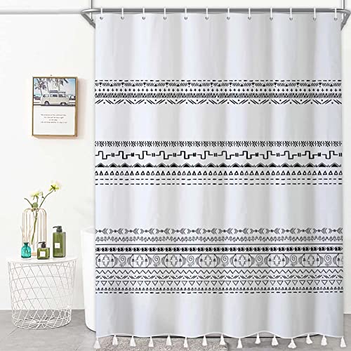 Bovlleetd Boho Quaste Duschvorhang Stoff Geometrisch Tribal Einfach Modern Duschvorhang Bauernhaus Quaste Duschvorhang für Badezimmer Dekor Set 12 Haken Wasserdicht 153x183cm von Bovlleetd